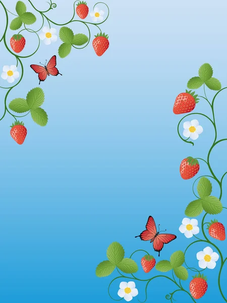 Bloemige Achtergrond Met Aardbeien Vlinders — Stockvector