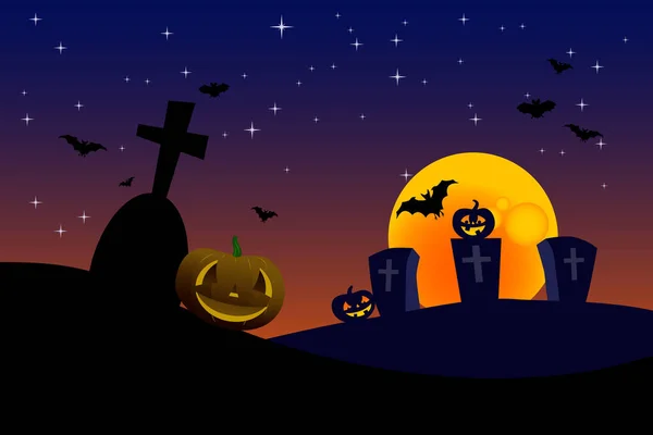 Halloween Pompoenen Begraafplaats Met Vleermuizen Moderne Vector Illustratie — Stockvector