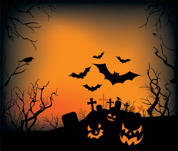 Halloween Pumpkins Bats Flying Cemetery — Stock Vector
