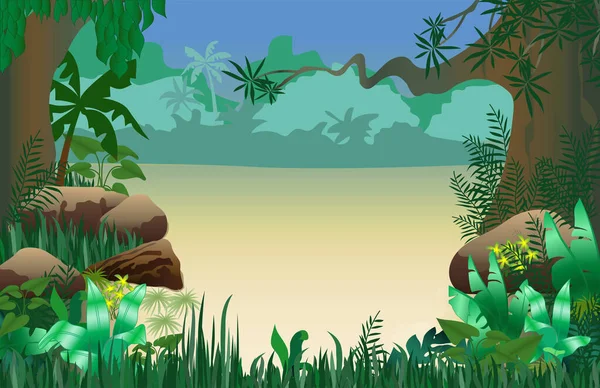 landscape of river and jungle, modern vector illustration