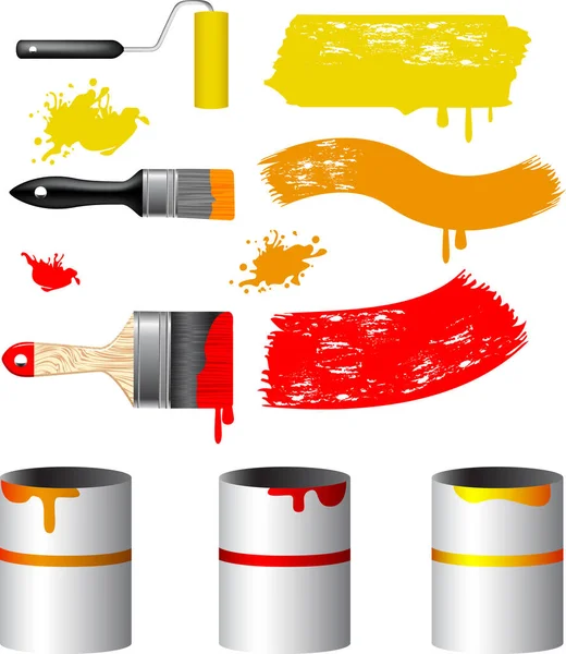 Set Paint Brushes Cans — Stock Vector