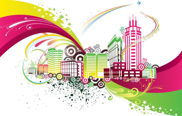 Stad Achtergrond Met Regenboog Moderne Vector Illustratie — Stockvector