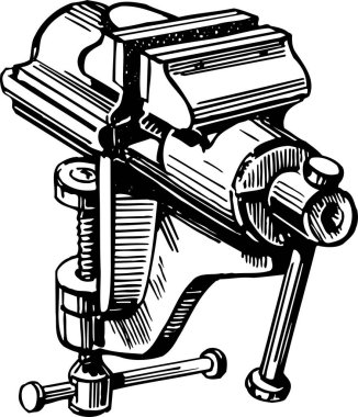 beyaz üzerinde izole edilmiş mengene, çilingir aracı siyah ve beyaz resimleme 