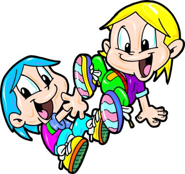 Gökkuşağı renkleriyle oynayan iki kızın karikatür çizimi