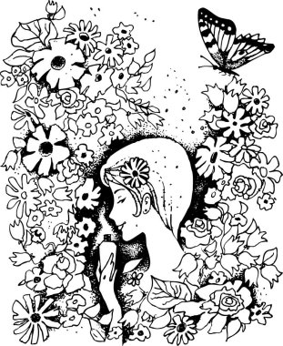 Sevimli bir kadın ve çiçekli bir kelebeğin el çizimi tasviri 