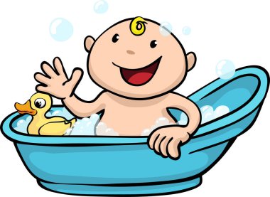 Güzel bir çizgi film karakteri bebek banyo küvetinde banyo yapıyor.