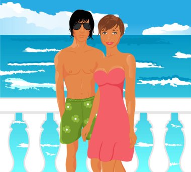 Yaz kıyafetleri içinde genç bir çift, vektör çizimi.