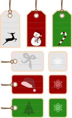 Yılbaşı dekorasyonlarıyla etiketler, etiketler ve etiketler, vektör illüstrasyonları