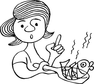 Ev hanımı canlı balık hazırlıyor ve onunla konuşuyor.