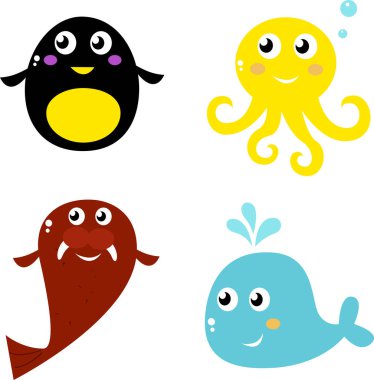 Beyaz arka planda bir dizi komik deniz hayvanı.