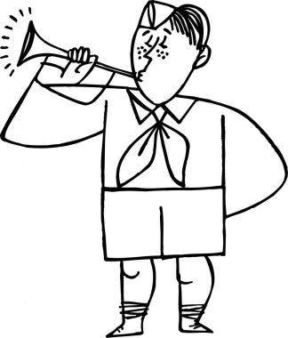 Trompet çalan bir çocuğun karikatür çizimi.