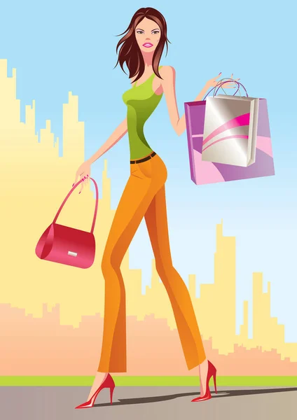 Hermosa Chica Con Bolsas Compras — Vector de stock