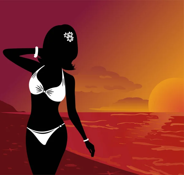 Silueta Mujer Bikini Playa — Vector de stock