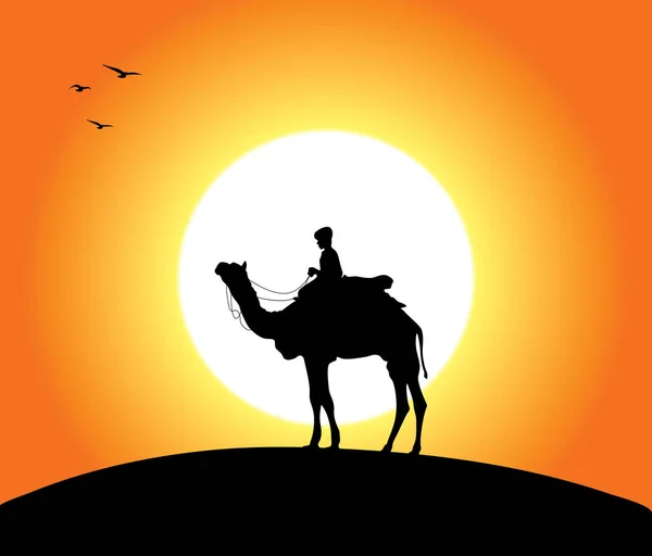 Διανυσματική Σιλουέτα Ανθρώπου Και Καμήλας Στο Φόντο Του Ηλιοβασιλέματος — Διανυσματικό Αρχείο