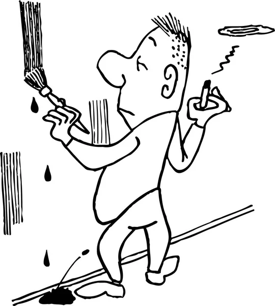 Homem Dos Desenhos Animados Com Pintura Escova Parede —  Vetores de Stock