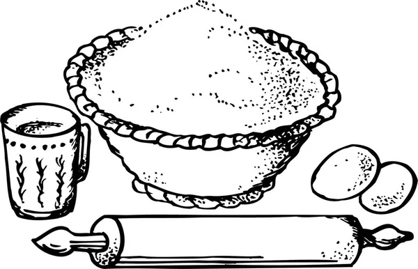 Vektorillustration Einer Schüssel Mehl Mit Eiern — Stockvektor