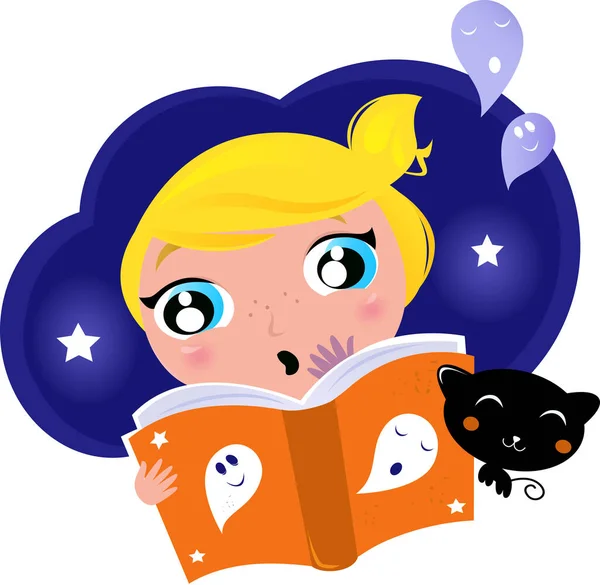 Girl Reading Spooky Book Vector Illustration — Stock Vector
