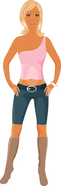 穿着粉色上衣和牛仔裤的女孩 矢量插图 — 图库矢量图片
