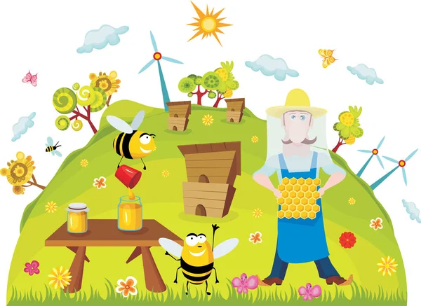 Beekeeper Bees Field — Stock Vector