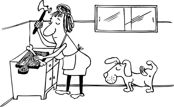 Mujer Preparando Comida Para Perro Que Espera — Archivo Imágenes Vectoriales