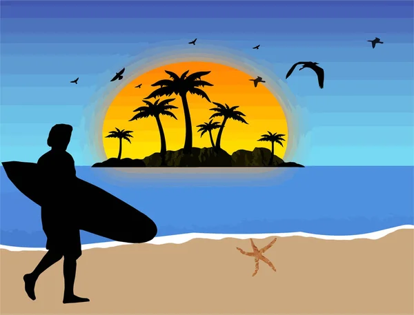 Silhouette Surfer Sulla Spiaggia — Vettoriale Stock