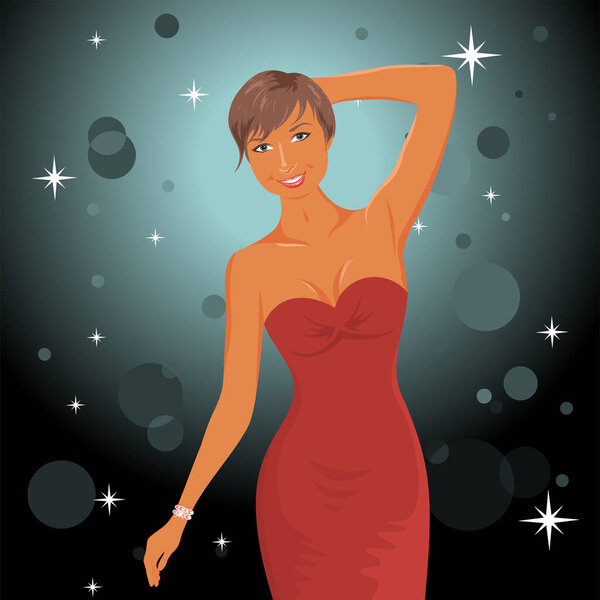 beautiful woman in red dress, vector illustration