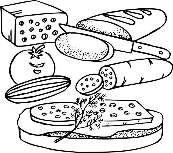 Illustration Noir Blanc Des Ingrédients Alimentaires Pour Faire Sandwich Isolé — Image vectorielle