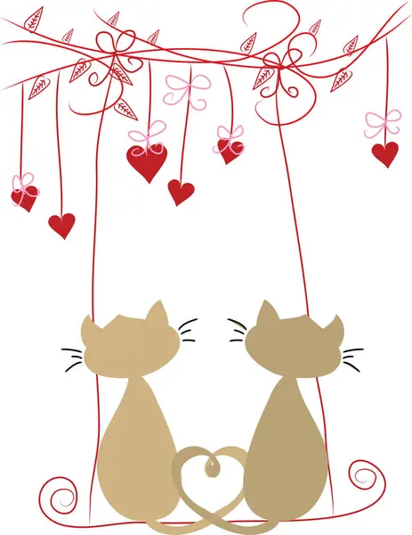 Χαριτωμένο Ζευγάρι Γάτες Αγάπη Και Καρδιές Διανυσματική Απεικόνιση — Διανυσματικό Αρχείο