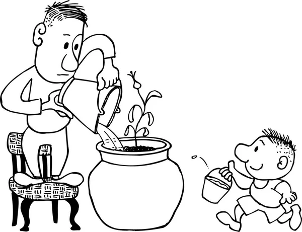 Πατέρας Και Γιος Πότισμα Φυτό Γλάστρα — Διανυσματικό Αρχείο