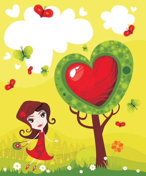 木に成長する赤い心を持つかわいい少女 — ストックベクタ