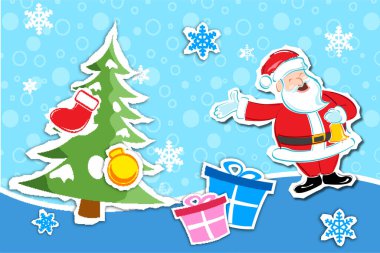 Noel Baba, çam ağacı ve hediyeler.