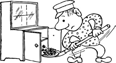 Adam ocaktaki gibi büfeye kömür koyuyor.