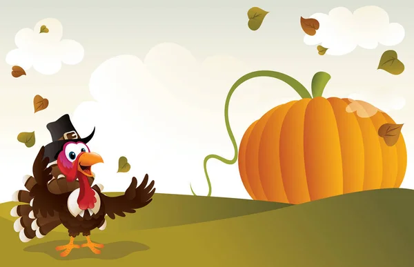 Happy Thanksgiving Day Card Pumpkin Turkey — Stock Vector