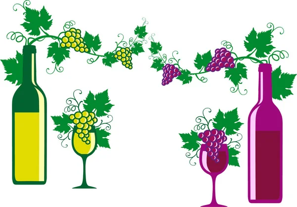 Vinflaskor Vindruvor Och Vinvektorer — Stock vektor