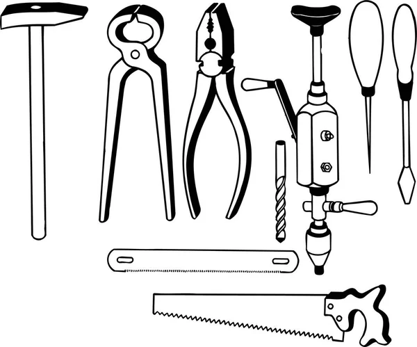 Черно Белая Иллюстрация Различных Рабочих Инструментов Изолированных Белом — стоковый вектор