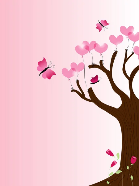 Piękne Drzewo Różowymi Sercami Motylami — Wektor stockowy