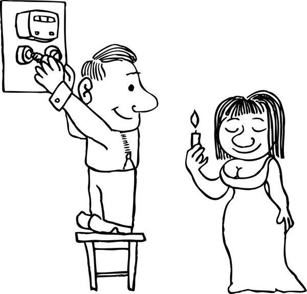 Άντρας Επισκευή Ηλεκτρικής Ενέργειας Και Γυναίκα Κρατώντας Κερί Κατά Την — Διανυσματικό Αρχείο
