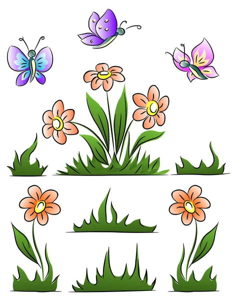Vector Illustratie Van Bloemen Vlinders Witte Achtergrond — Stockvector