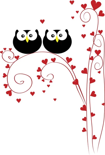 Δύο Μαύρες Κουκουβάγιες Ερωτευμένες Και Πολλές Κόκκινες Καρδιές — Διανυσματικό Αρχείο