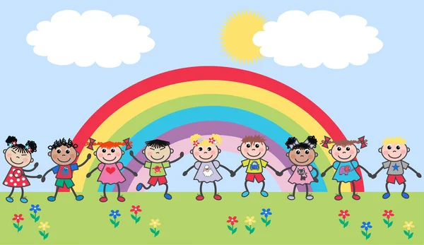 Crianças Parque Infantil Com Arco Íris Colorido — Vetor de Stock