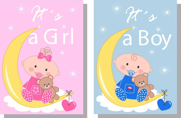 Baby Shower Kartki Okolicznościowe Kreskówki Chłopiec Dziewczyna — Wektor stockowy