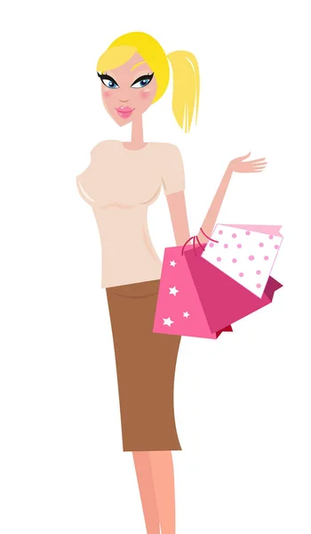 バッグ イラスト 白い背景のベクターと買い物をする若い女性 — ストックベクタ