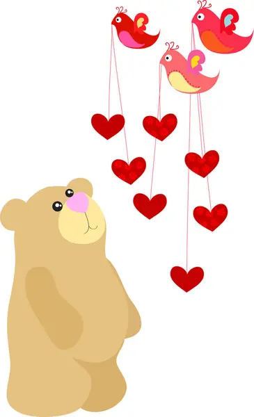 Διανυσματική Απεικόνιση Του Αρκουδάκι Κόκκινες Καρδιές Και Πουλιά — Διανυσματικό Αρχείο