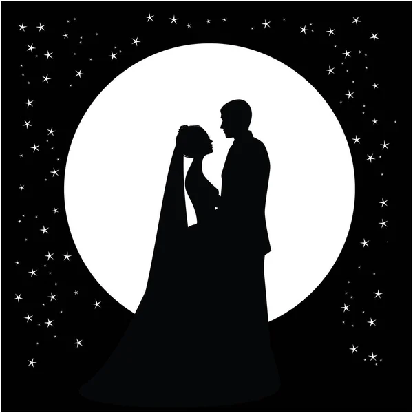 Vector Silhouette Bride Groom Night Sky — Stock Vector