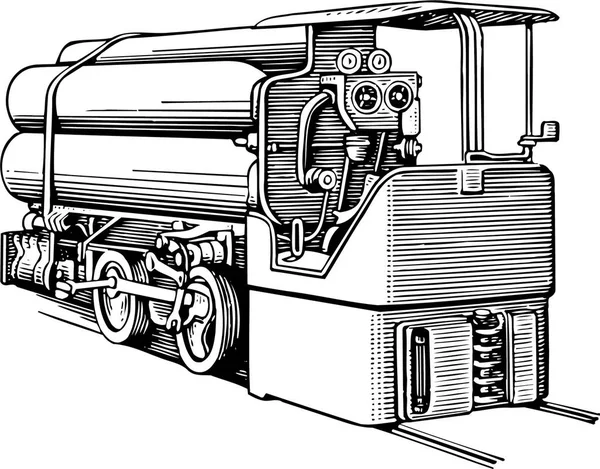 Tren Locomotora Vintage Tinta Negra Dibujo Blanco — Vector de stock