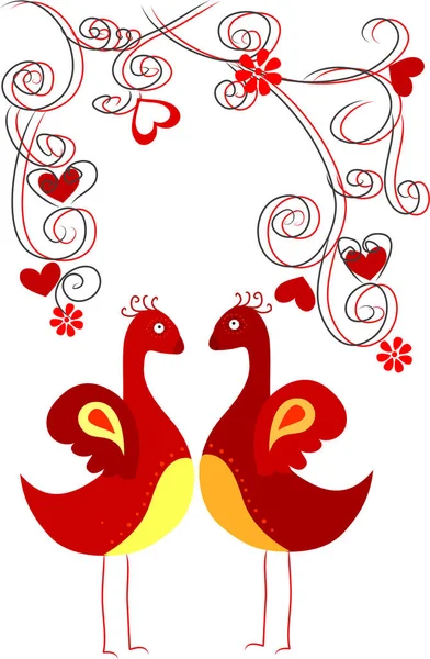 Deux Oiseaux Rouges Des Cœurs Sur Les Branches — Image vectorielle