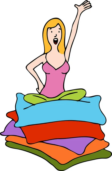 一个女孩坐在彩色枕头上的卡通片 矢量说明 — 图库矢量图片