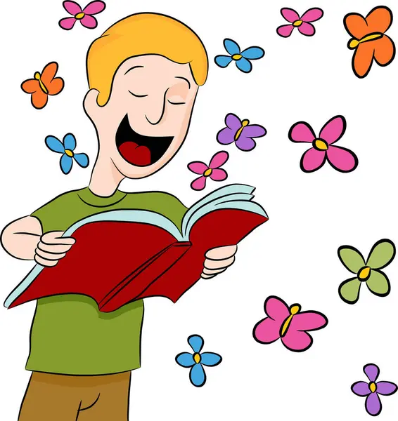 公園で本を読んでいる幸せな笑顔の少年 — ストックベクタ