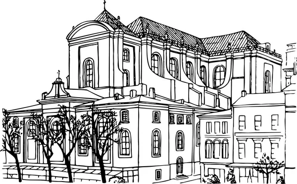 Kostel Starém Městě Vinobraní Linie Umění Ilustrace — Stockový vektor