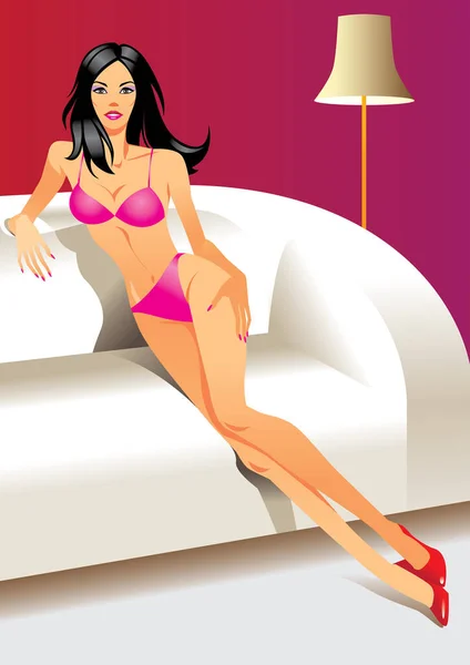 Illustration Eines Mädchens Bikini Auf Dem Sofa Sitzend — Stockvektor